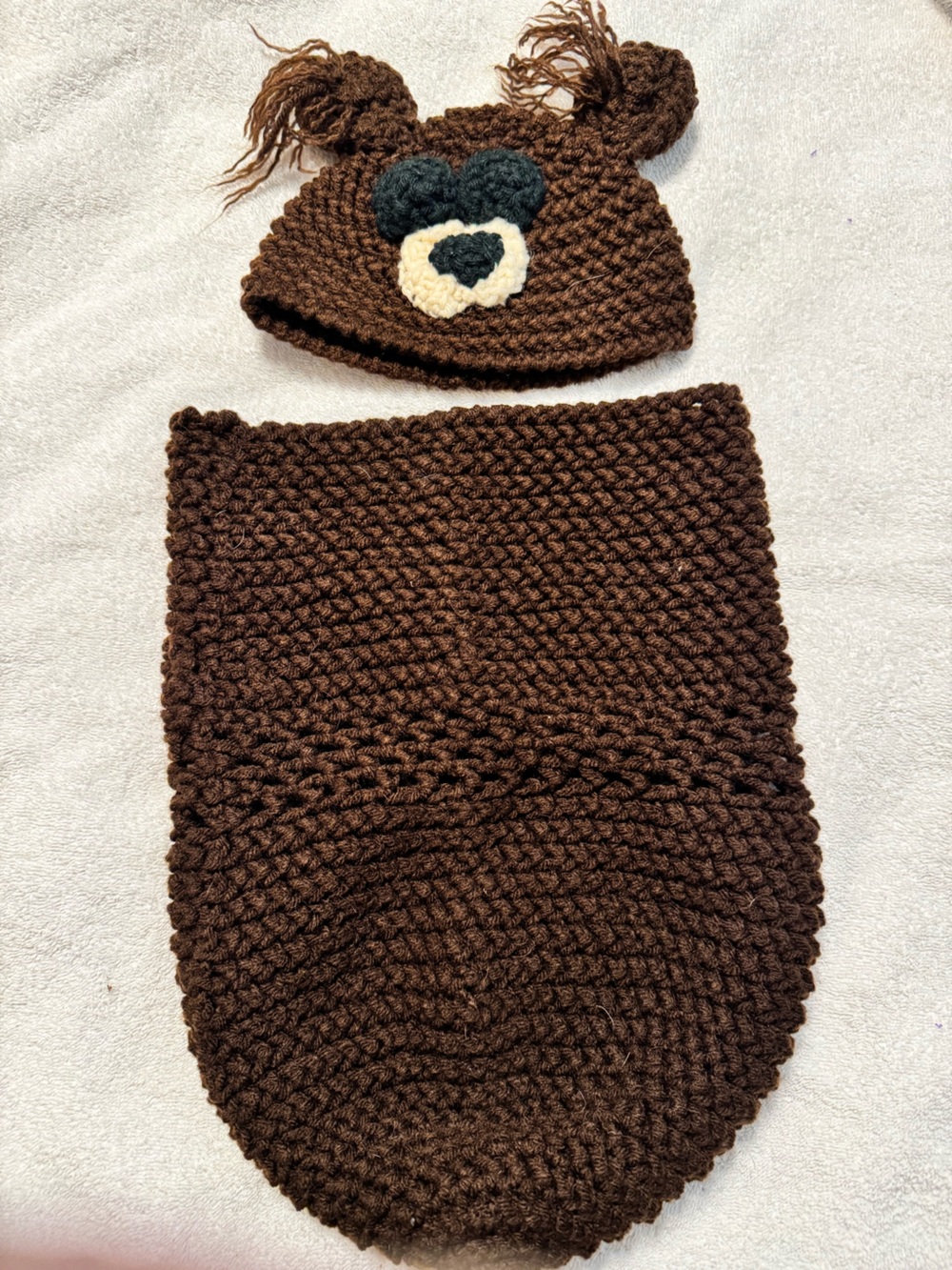 Handmade Brown Bear Crochet Hat and Swaddle Set for infants